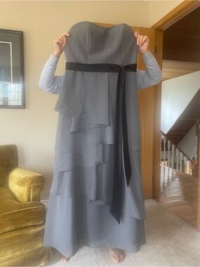 Strapless Gray Layered Chiffon Dress with Black Sash